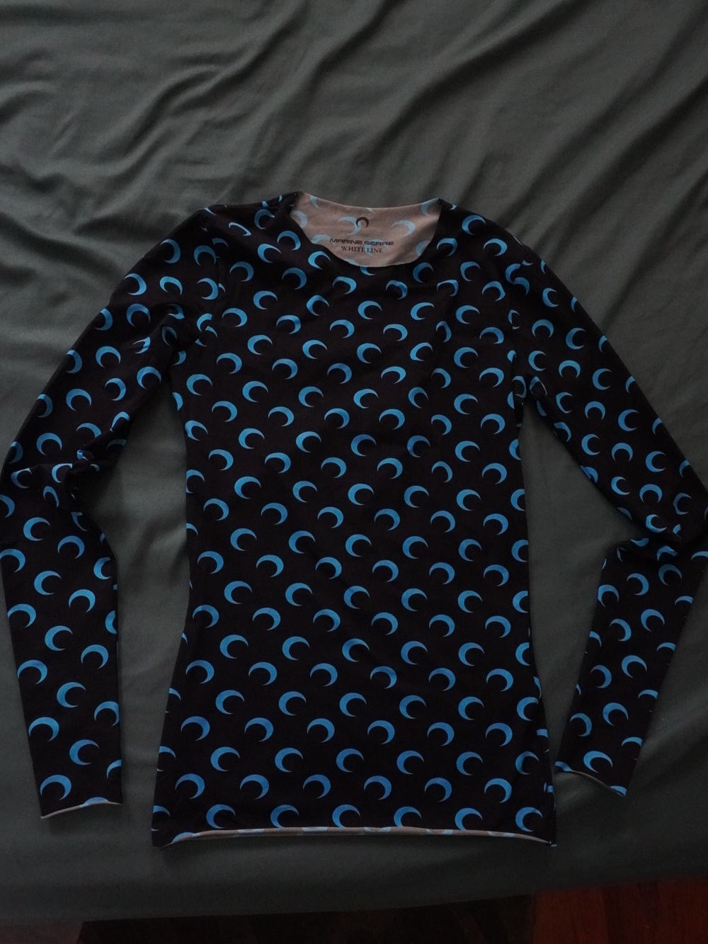 Marine Serre Black Long-Sleeve Moon Print Tee with Blue Crescents